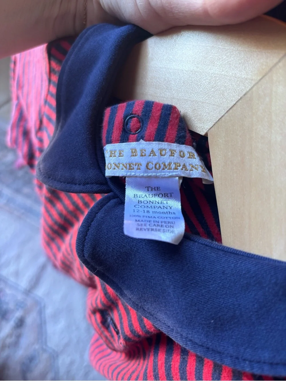The Beaufort Bonnet Company Striped Red & Navy Kids One-Piece with Navy Collar